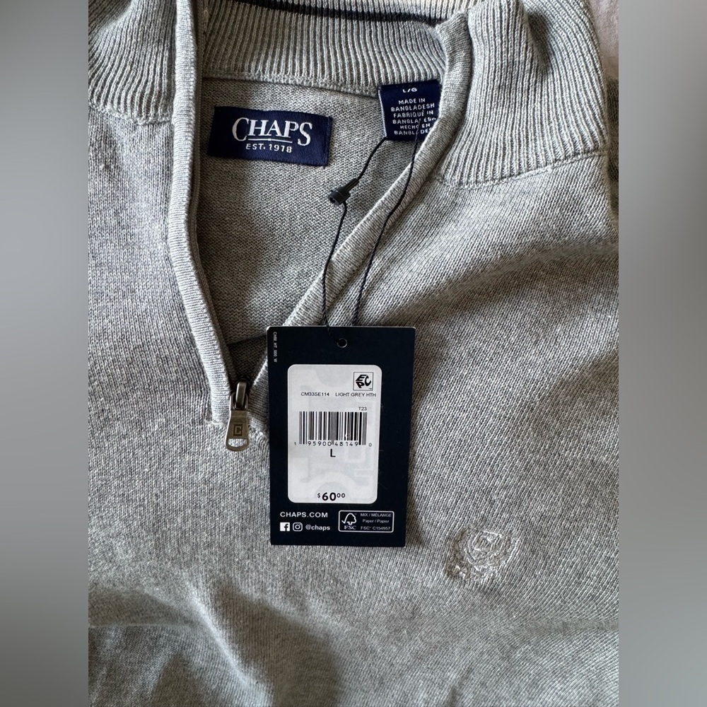 NWT Chaps Men’s Light Gray Heather Pullover Cotton Long Sleeve Sweater - Picture 3 of 7